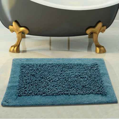 Anti-Skid Cotton and Chenille Bath Rug Blue 50x30 In Long Noodle Loops 